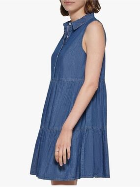Tommy Hilfiger Sleeveless Chambray Tiered Button Front Mini Dress